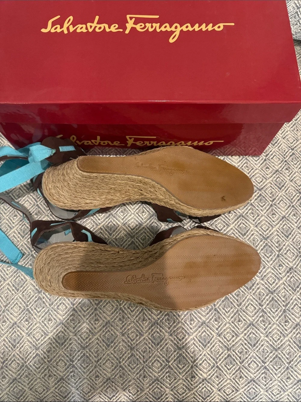 Salvatore Ferragamo Brown Suede Espadrille Sandals with Turquoise Ribbon
